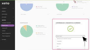 Click to enlarge The Reports section of Xello. This is the Student Work page. The cursor is selecting the Experiences & credentials summary report